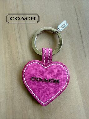 COACH Pink Crossgrain Leather Heart Bag Charm Keychain Silver